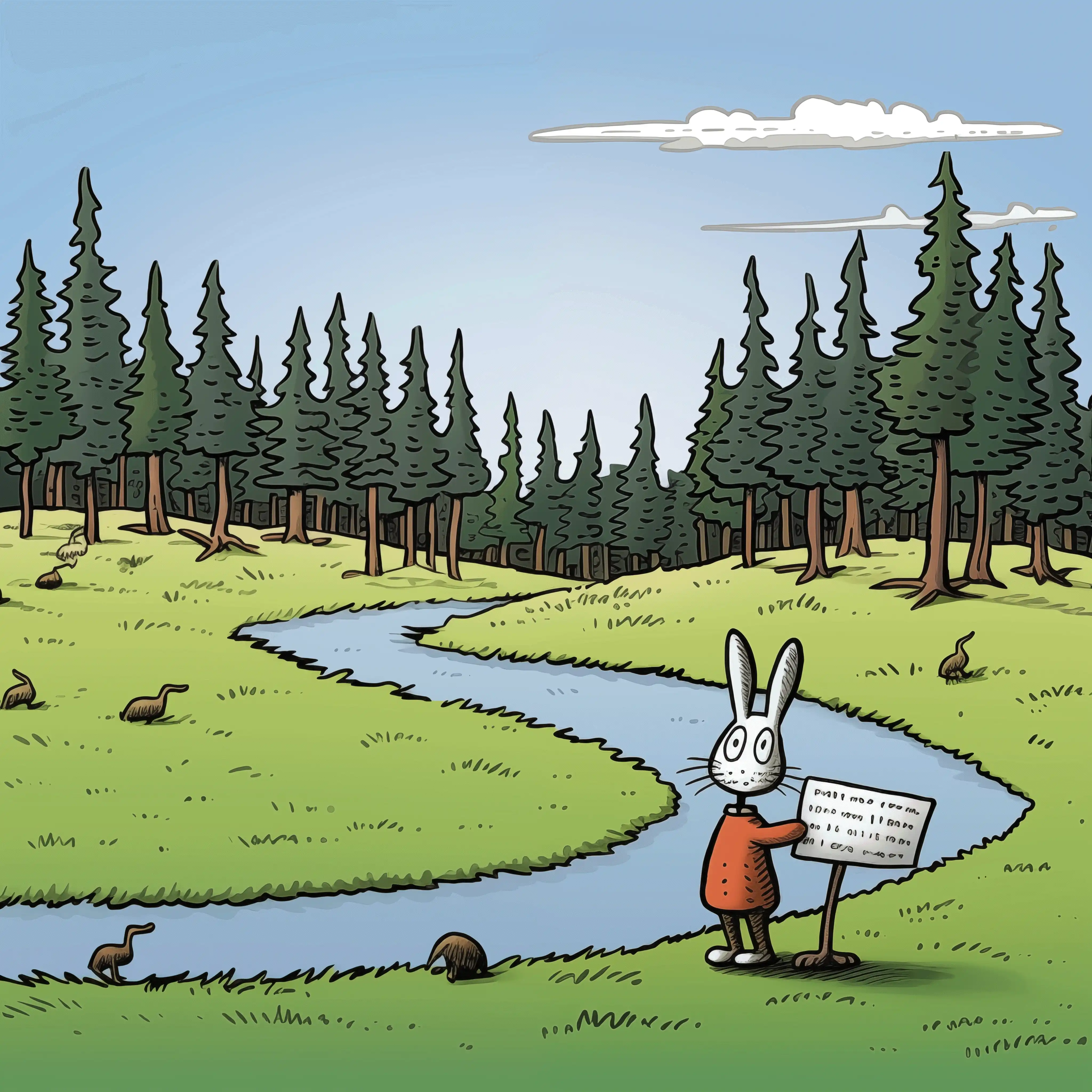 Cartoon of a bunny standing in a forest pointing at a placard with some unreadable text. The image was generated by Midjourney.